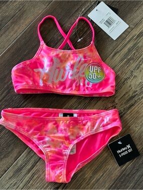 HURLEY 2-piece bikini UPF 50+ Hyper pink tie-dye girls 5 swimsuit
